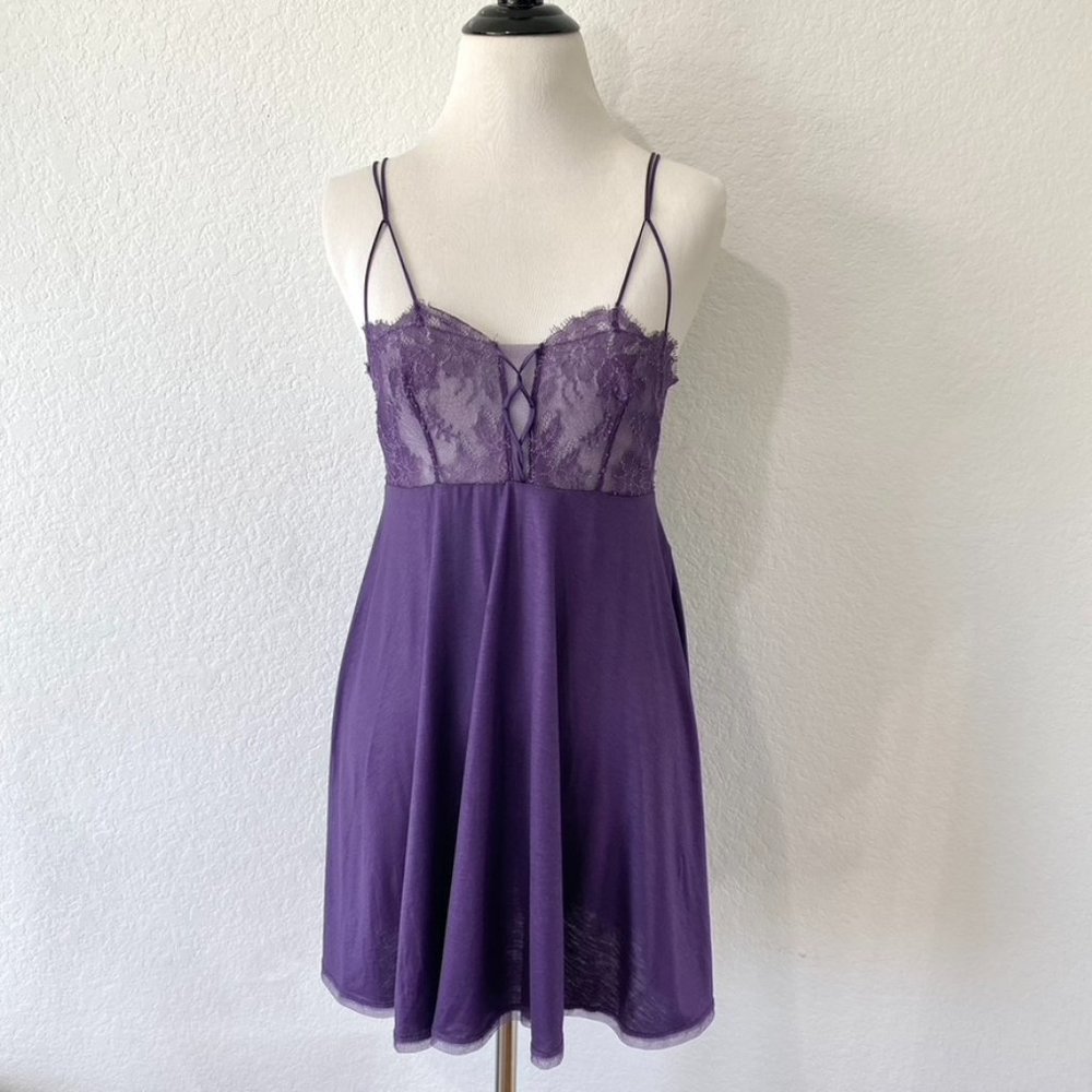 La Perla Purple Knit & Lace Mini Slip Dress XS